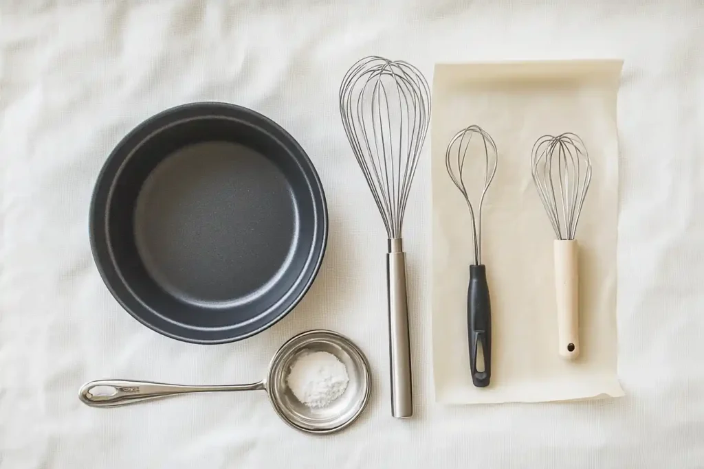 A flat lay of essential tools--mixing bowl, whisk, non-stick pan, parchment paper setup on a clean kitchen surface.