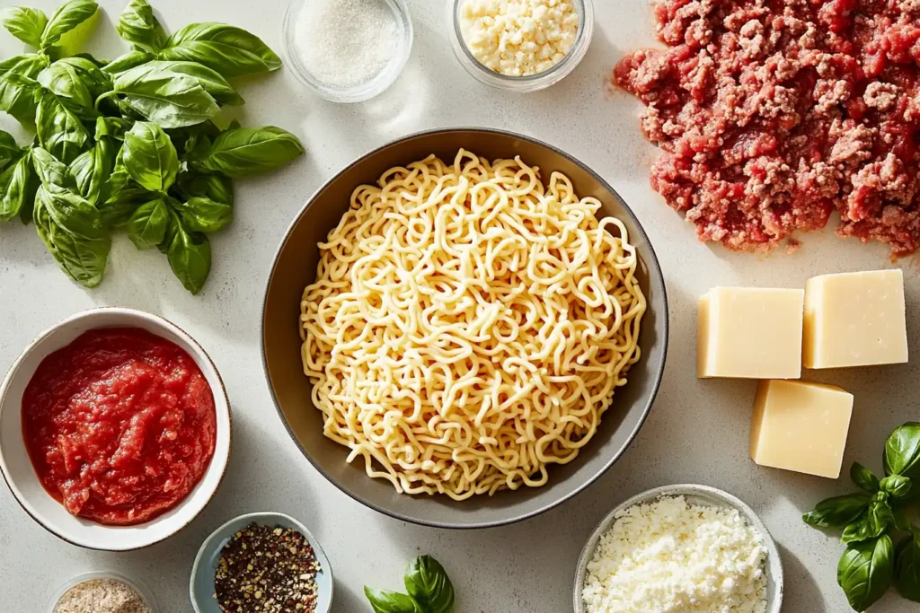 A flat-lay photo of Barilla noodles, fresh basil, marinara sauce, ground meat, and cheese blocks arranged beautifully on a kitchen counter