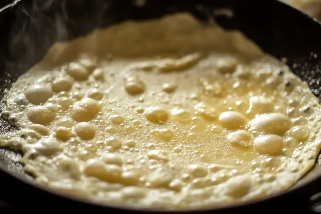 vibrant close-up of the flatbread batter frying on a pan, with bubbles forming and edges crisping.