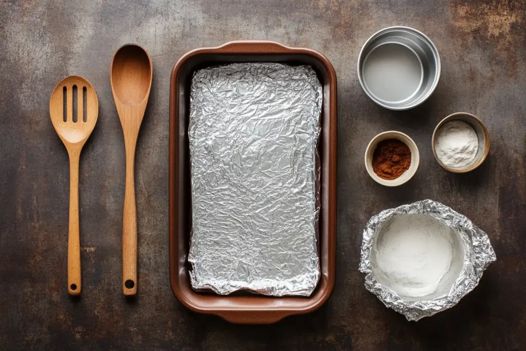 A photo of the essential tools, including the baking dish, wooden spoon, aluminum foil, and mixing bowls, laid out on a rustic countertop.