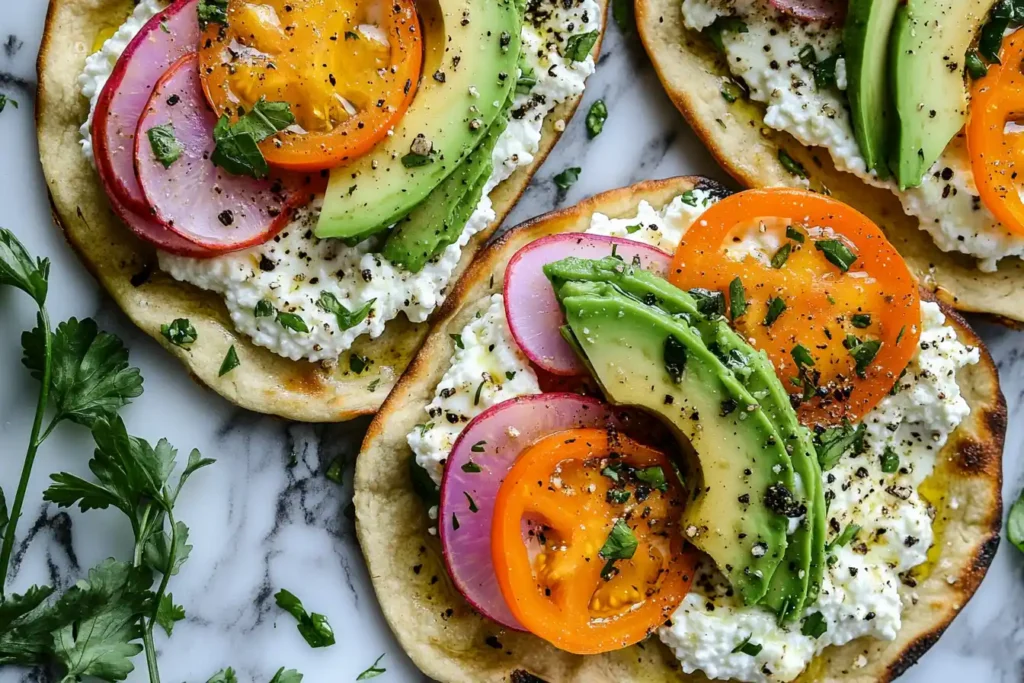 A flat lay of cottage cheese flatbreads adorned with colorful toppings like avocado, sautéed vegetables, and fresh herbs