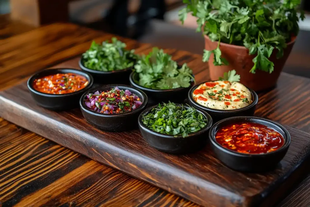 Rustic wooden board plating with garnishes like fresh herbs, chili flakes, and small bowls of colorful dips