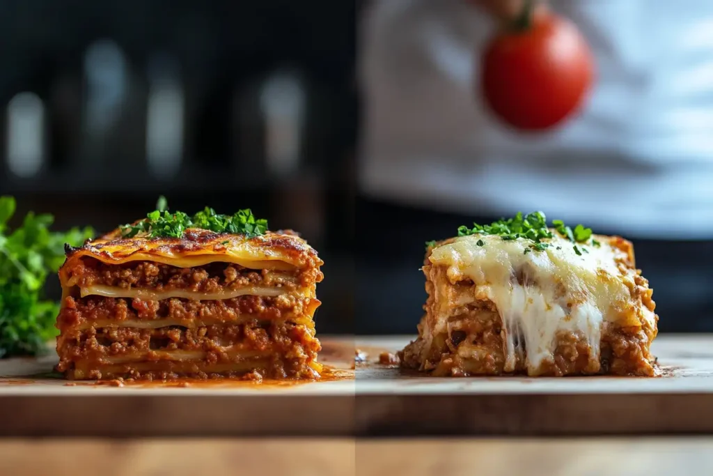 A side-by-side image showing a well-constructed barilla lasagna recipe slice versus a messy, overly saucy slice.