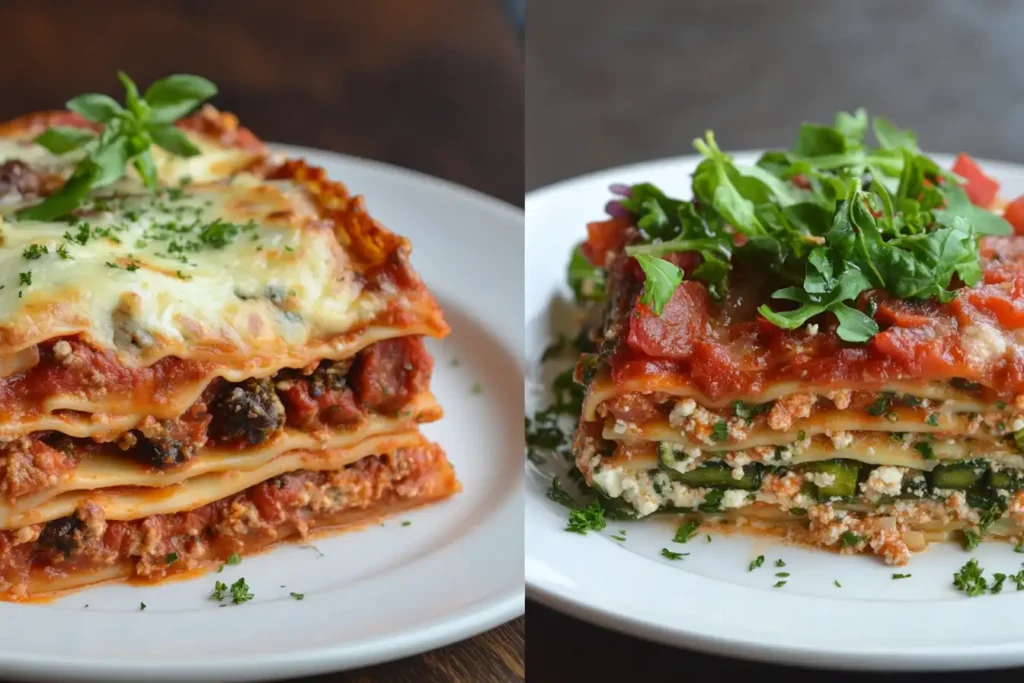 A side-by-side comparison of traditional lasagna and a veggie-packed, lighter lasagna served with a fresh salad