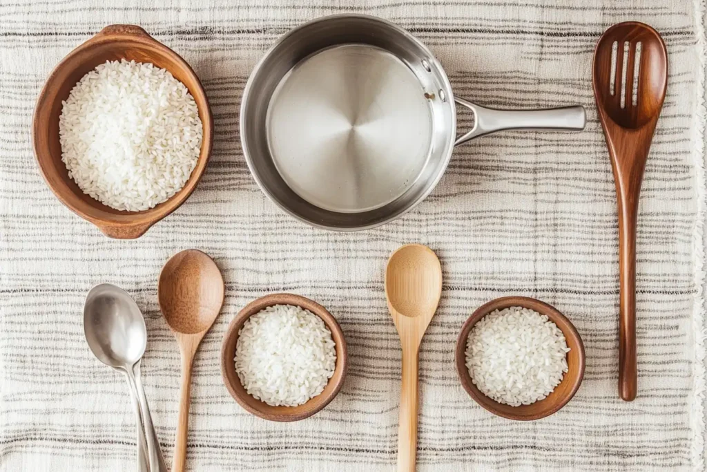 A neatly-organized flat lay showing a saucepan, rice in water soaking bowls, and stirring spoons, ready for cooking.