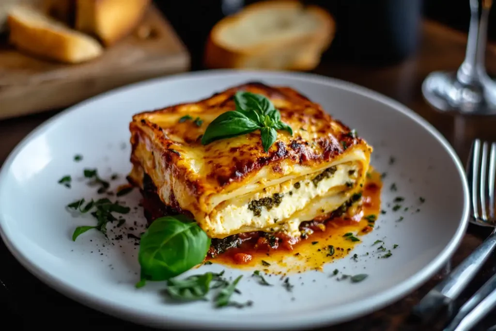 A perfectly sliced lasagna served on a white plate, garnished with basil and paired with garlic bread