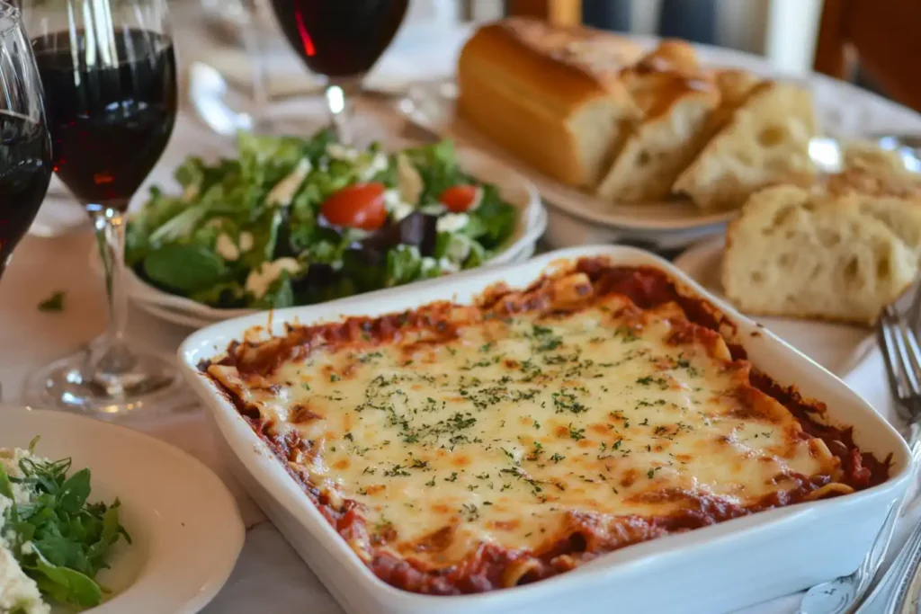 A beautifully set table featuring a lasagna dish, side salad, garlic bread, and glasses of juce