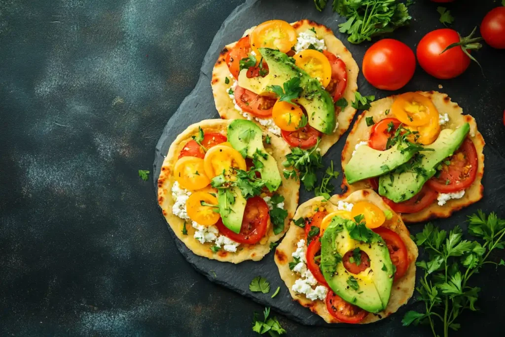 A flat lay of cottage cheese flatbreads adorned with colorful toppings like avocado, sautéed vegetables