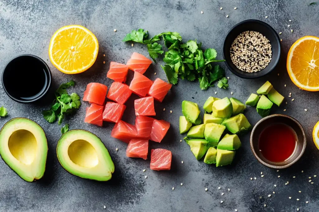 A flat-lay of ingredients, including diced sushi-grade tuna, halved avocado, soy sauce bowls, citrus fruits, and sesame seeds.