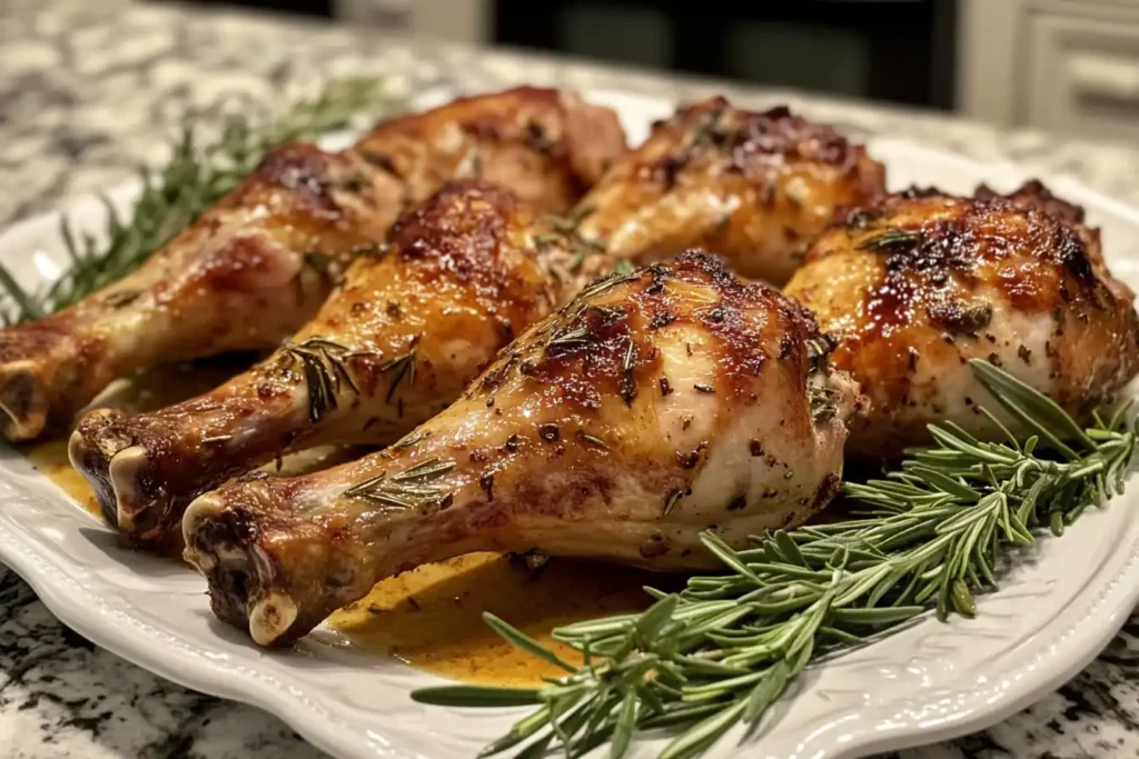 A rustic serving of golden-brown roasted turkey legs paired with fresh rosemary sprigs and a drizzle of glaze