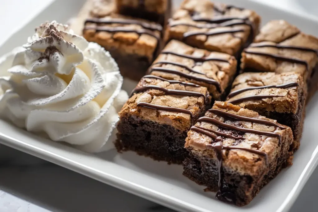 A platter of perfectly cut brookie recipewith artistic drizzles of chocolate and a side of whipped cream.