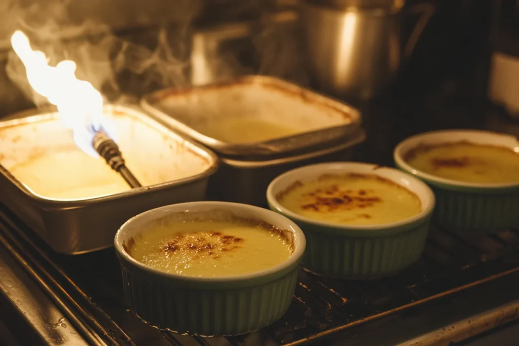 A kitchen setup displaying ramekins filled with custard, a torch, and a water bath in the oven