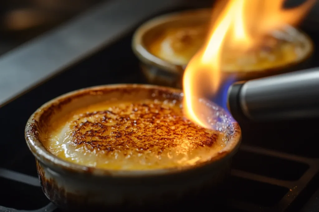 A beautifully caramelized crab brulee served in a rustic ramekin, with caramelization in progress using a kitchen torch.