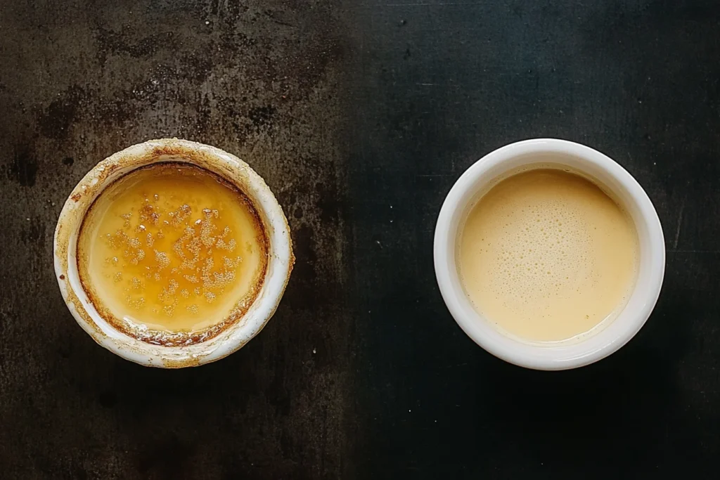 A failed brulee with curdled custard and uneven sugar topping alongside a perfectly set ramekin as a comparison