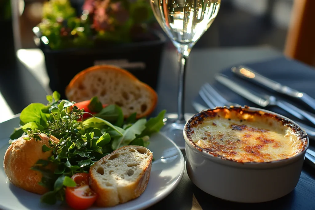 A fully plated dinner featuring crab brulee, a green salad, artisan bread, and a glass of sparkling wine