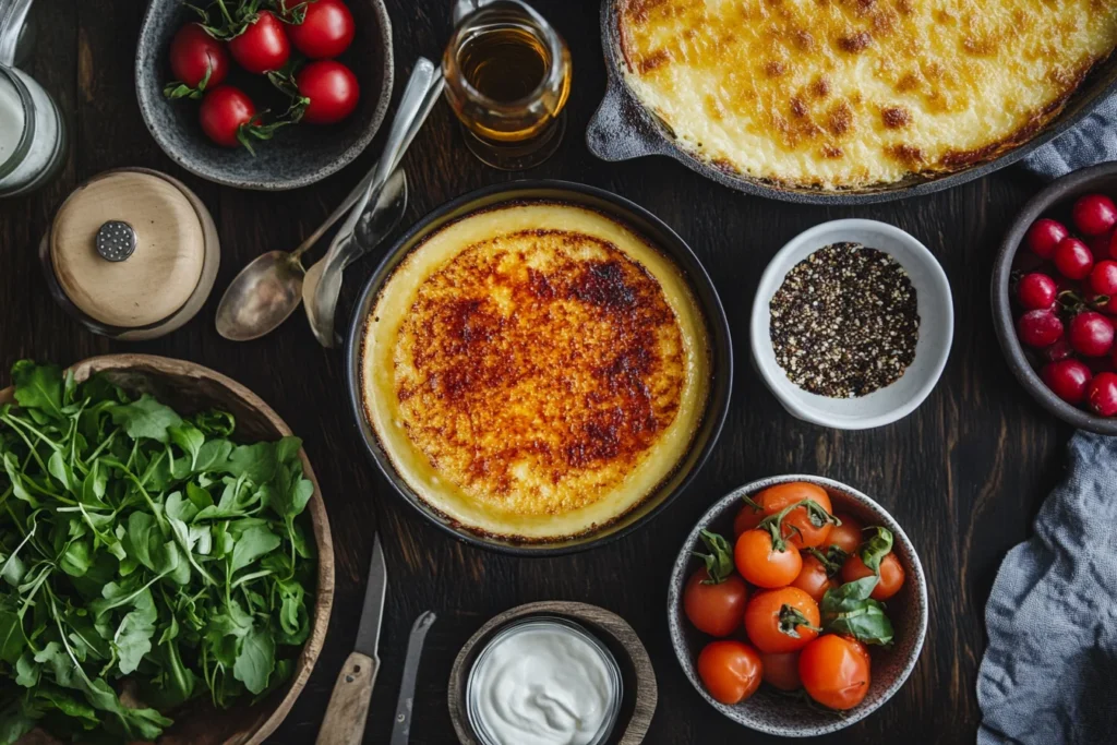 A side-by-side comparison of traditional crab brulee ingredients and healthier substitutions, presented in an overhead arrangement.