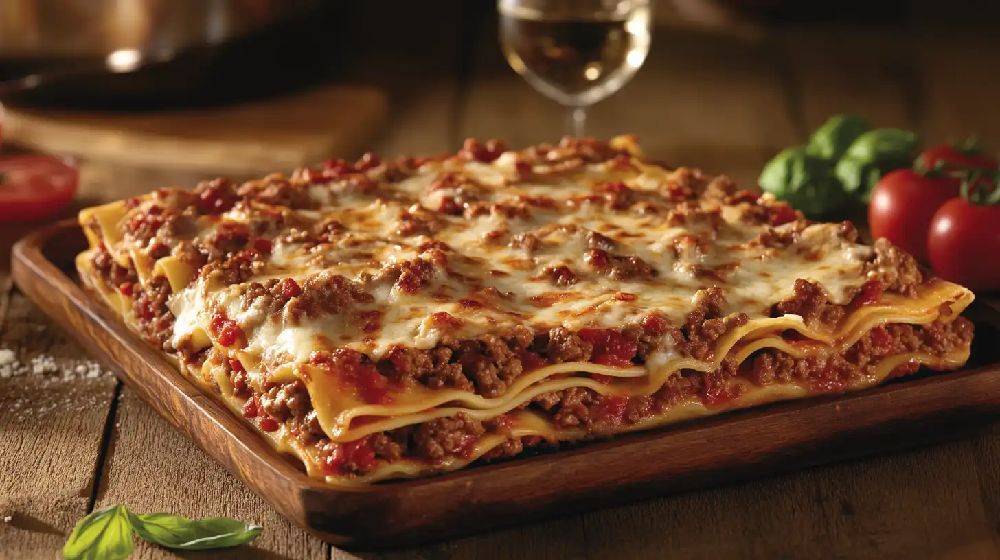 scene of a perfectly baked Barilla lasagna on a rustic wooden table, with golden layers of pasta, savory meat sauce, and melted mozzarella cheese.