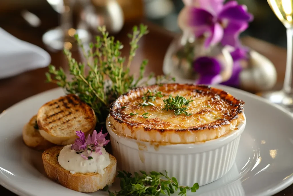 A plated crab brulee garnished with herbs and served with a side of toasted crostini and sparkling juce.