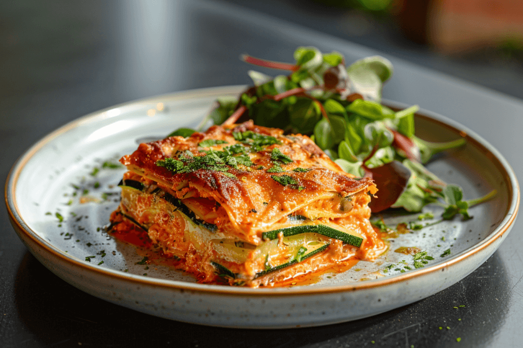 A vibrant shot of a lasagna slice made with zucchini layers, garnished with fresh herbs, sitting next to a green salad on a clean, white plate.