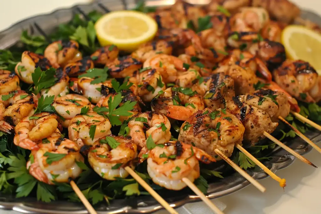 A visually appealing platter showcasing grilled chicken and shrimp skewers, garnished with fresh herbs and lemon wedges.