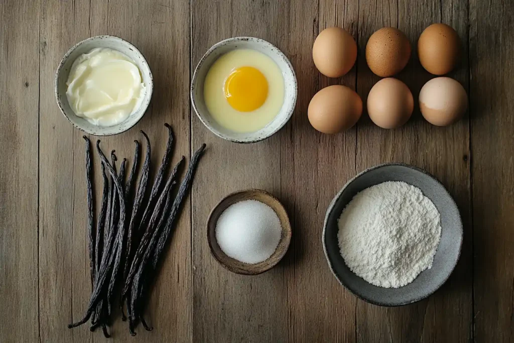 showcase a flat lay of vanilla beans, egg yolks, sugar, and cream arranged neatly on a rustic wooden countertop.