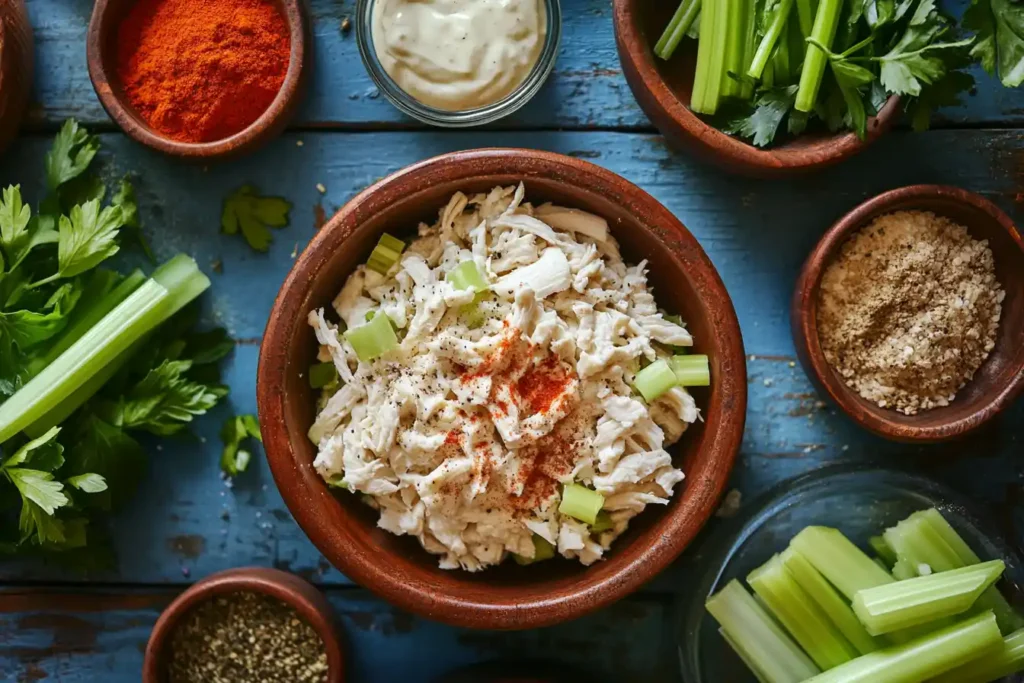  A colorful, rustic table setup featuring bowls of shredded chicken, celery, and mayonnaise alongside a variety of seasonings.