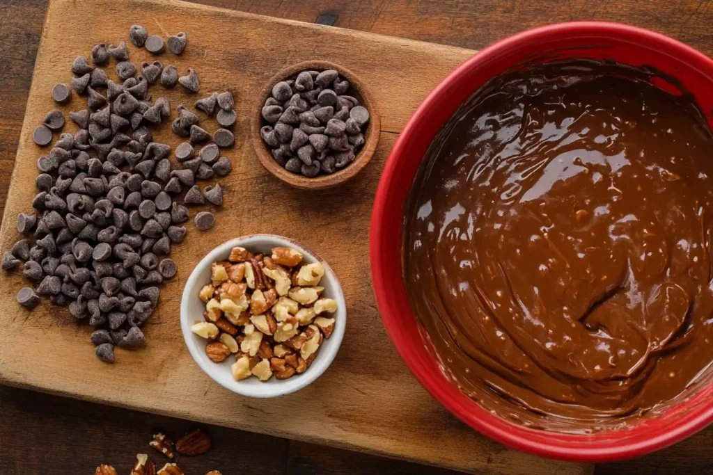 Showcase a cutting board with creative add-ins, such as chocolate chips, chopped nuts, and caramel drizzle, alongside a bowl of brownie batter