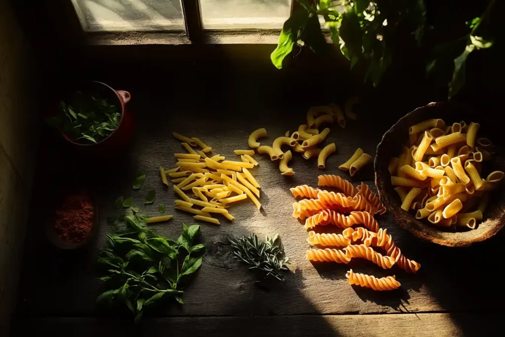 A vibrant assortment of uncooked pasta shapes—elbow macaroni, penne, and rotini—arranged on a rustic wooden table with sprigs of fresh herbs like basil and parsley