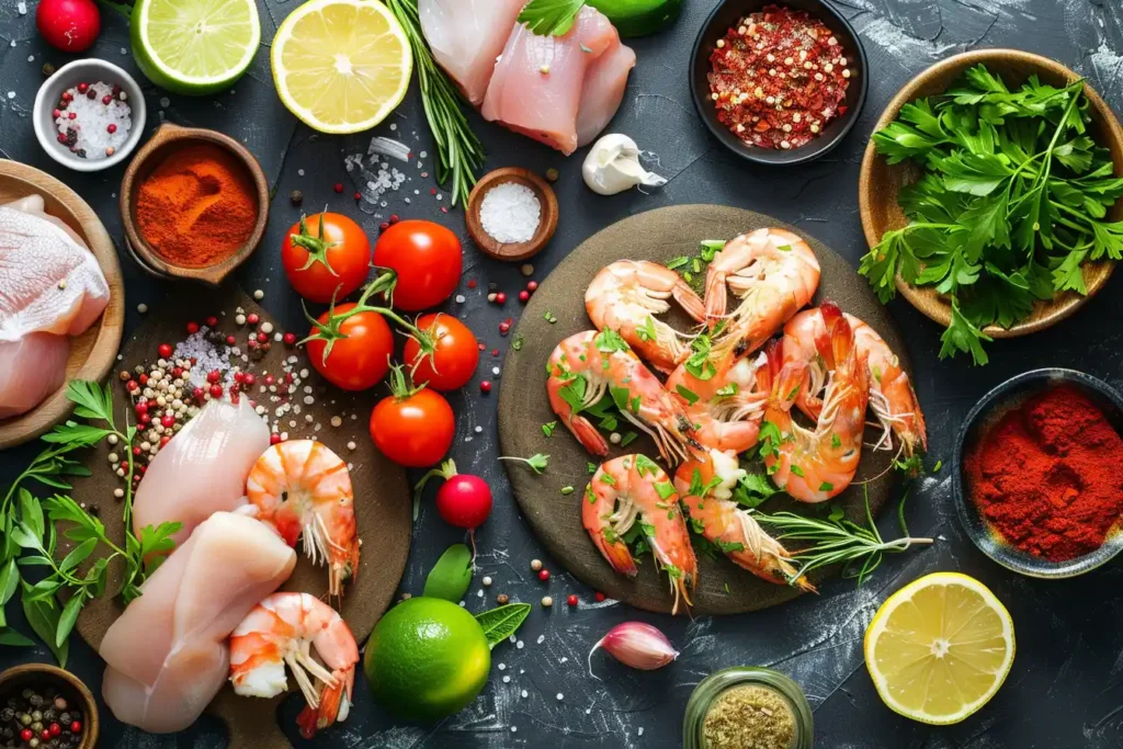 A flat lay of essential ingredients for chicken and shrimp recipes, including raw chicken, shrimp, spices, chopped vegetables, and marinades.