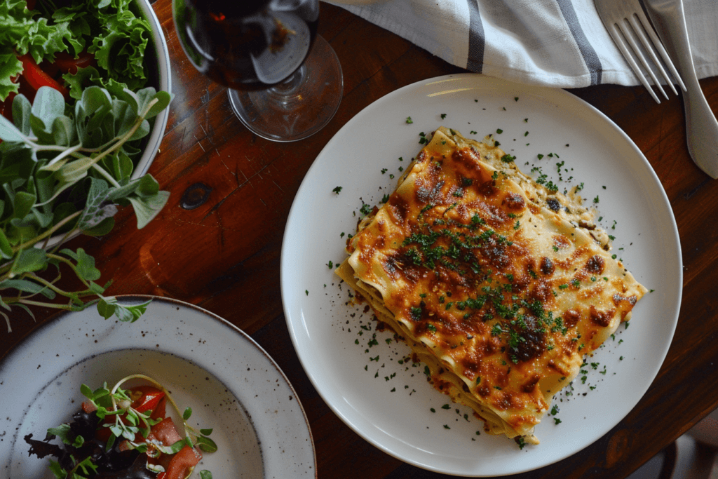 A flat-lay photo of a perfectly sliced lasagna on a white plate, garnished with fresh parsley.