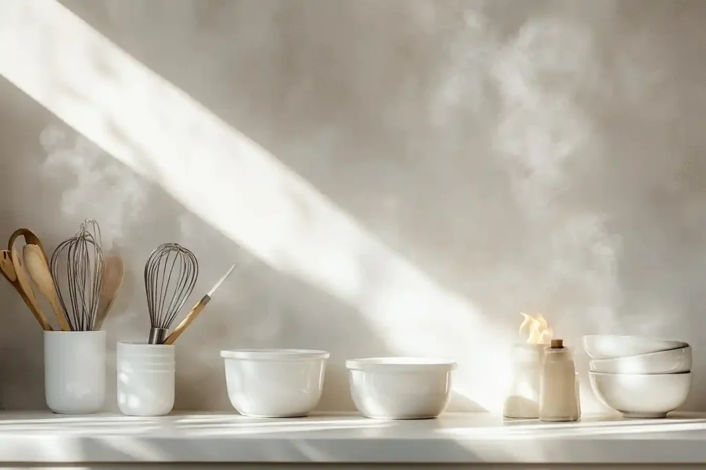 display a lineup of essential tools: ramekins, a torch, and a whisk set on a pristine white countertop, surrounded by light steam or heat effects for ambiance.