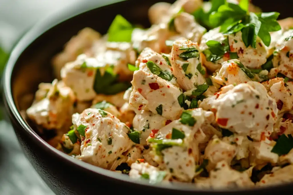 A close-up shot of chicken salad garnished with herbs and spices, emphasizing its flavorful and innovative seasoning.