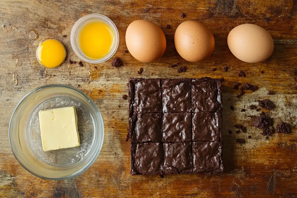 Display a flat-lay of the essential ingredients—eggs, butter (partially melted), water in a measuring cup, and the Ghirardelli brownie mix packet