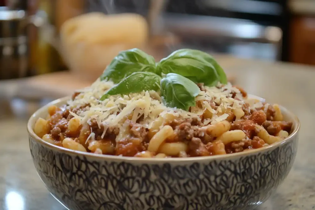 A steaming bowl of Beefaroni garnished with grated cheese and fresh basil, placed on a farmhouse-style kitchen table with wooden utensils and pastel bowls under soft natural light.