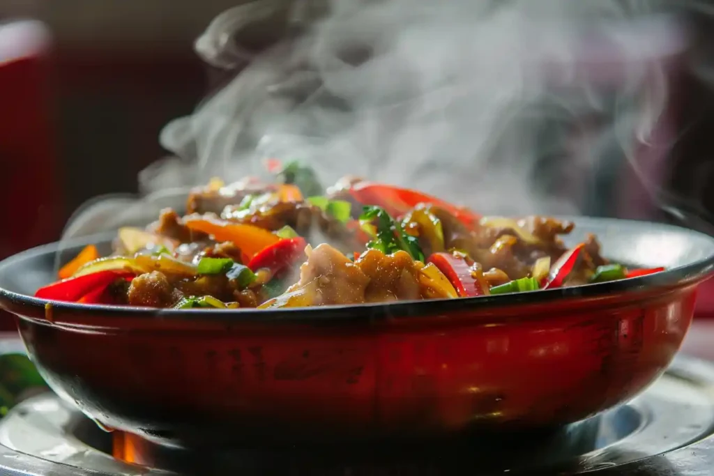 a shot of a sizzling stir-fry in a red-bordered bowl with steam rising above it