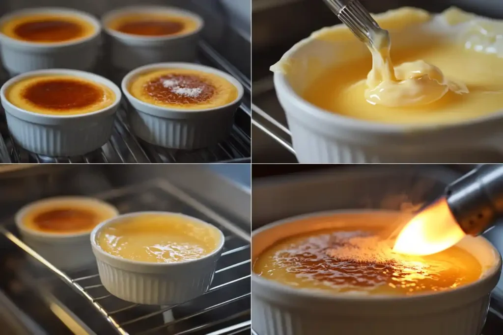 A series of four images showcasing the cooking journey: mixing custard, straining, the water bath setup, and torching the sugar.