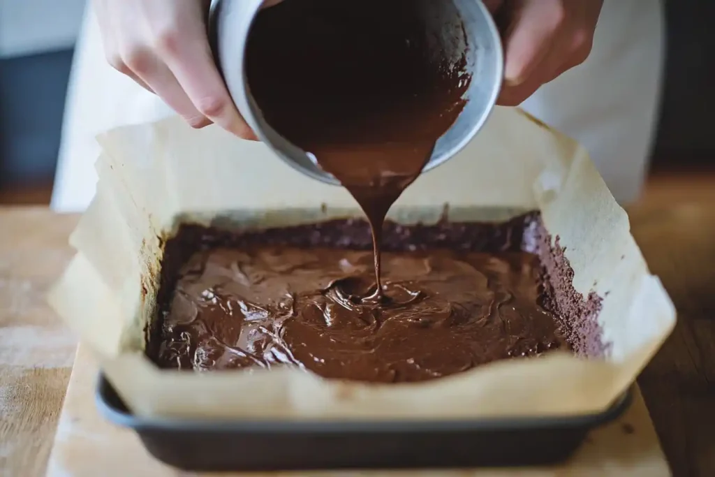 Hands pouring brownie batter into a parchment-lined baking pan, ready for the oven.