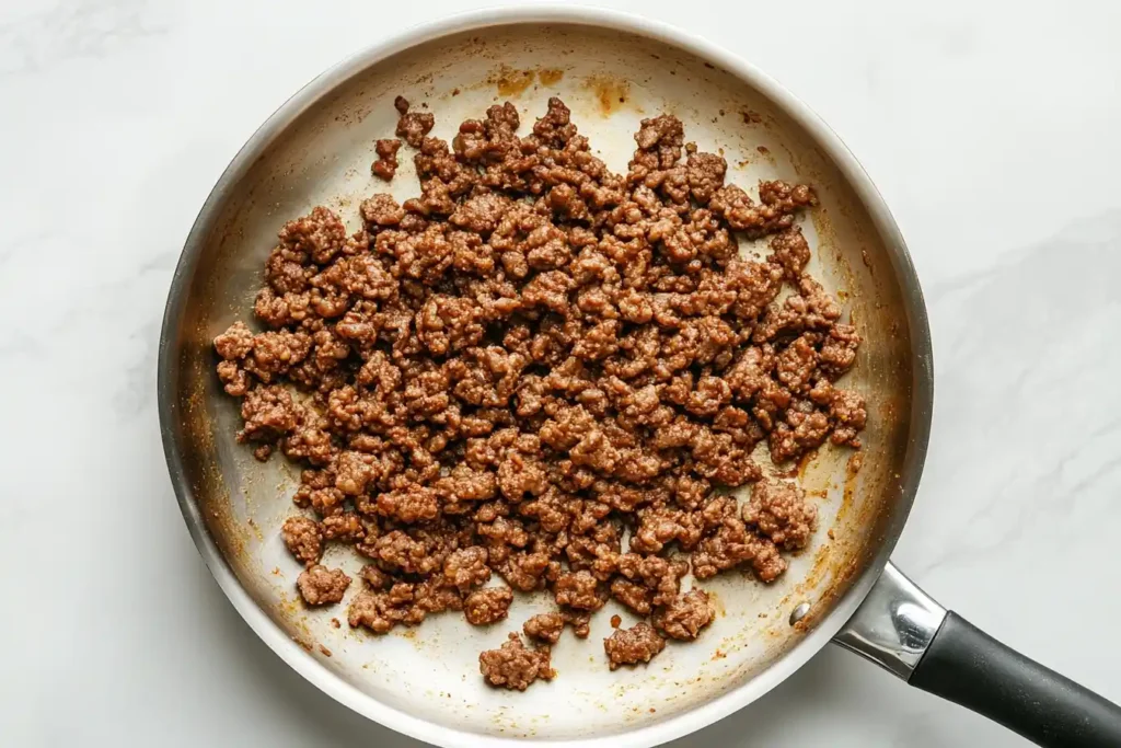 Perfectly browned ground beef in a black skillet, seasoned with paprika, black pepper, and garlic powder, with steam rising above and spices surrounding the dish.