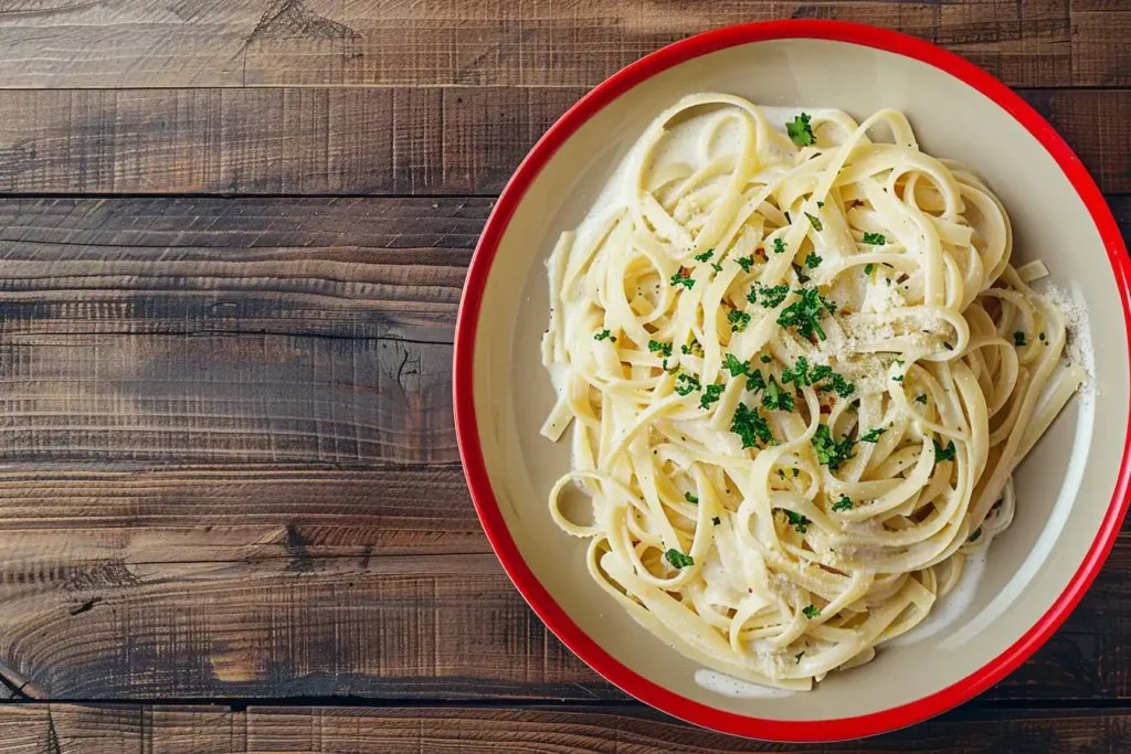 a vibrant plate of creamy Alfredo pasta, garnished with parsley, placed on a wooden dining table