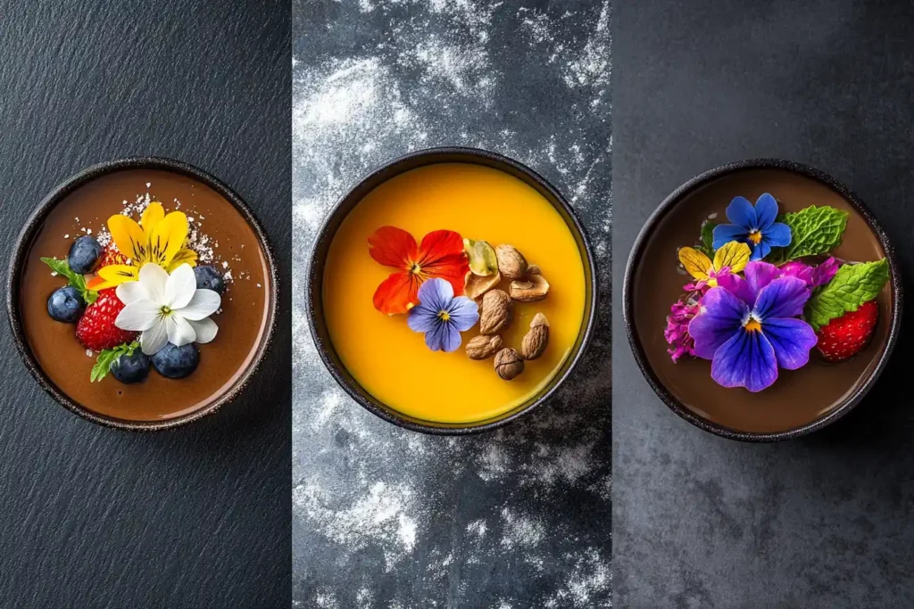 Photos of three variations: chocolate crème brûlée, a fruit-infused version, and one with lavish garnishes like edible flowers and nuts.