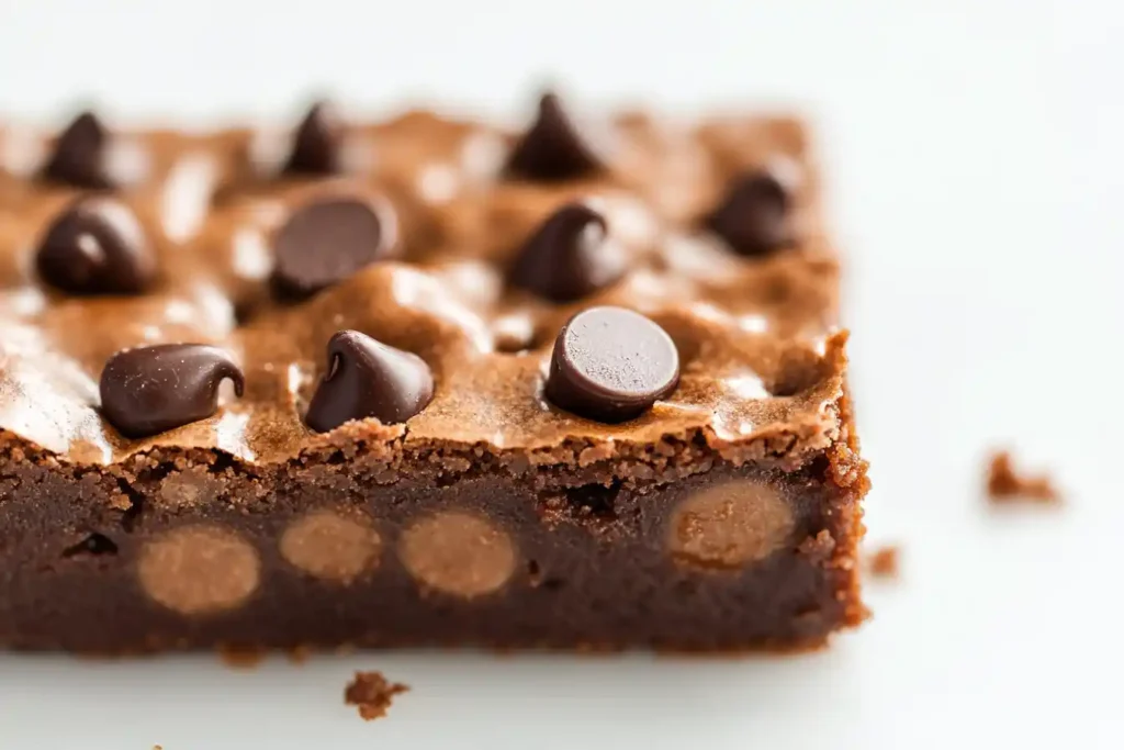 Close-up of a fudgy brownie with melted chocolate chips, showing a gooey texture.