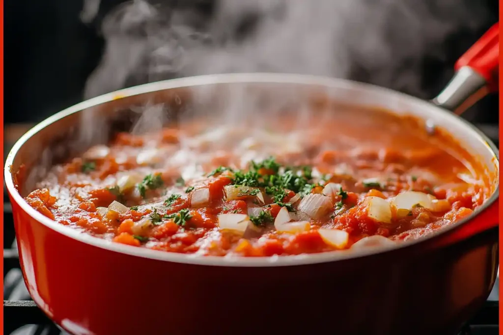 A simmering pot of tomato sauce with visible bits of garlic, onion, and fresh herbs, with steam rising above, creating a warm and appetizing scene.