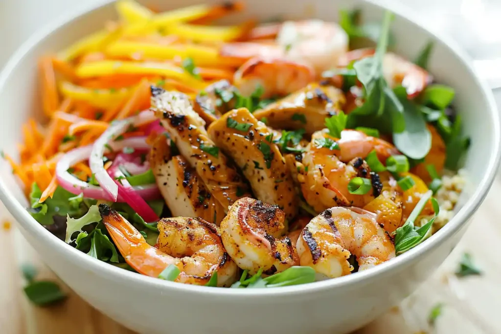 A colorful, high-angle shot of a chicken and shrimp salad bowl featuring vibrant greens, grilled proteins, and a drizzle of dressing.