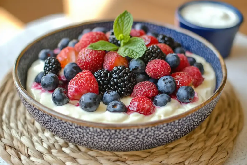 A dish of crème brûlée topped with fresh berries on a minimalist, rustic table setting, with a ramekin of coconut cream alongside. Highlight the healthy swaps visually.