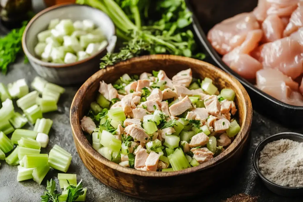 A rustic kitchen counter setup with freshly prepared chicken salad surrounded by ingredients: chopped celery, herbs, and a mixing bowl in the background.