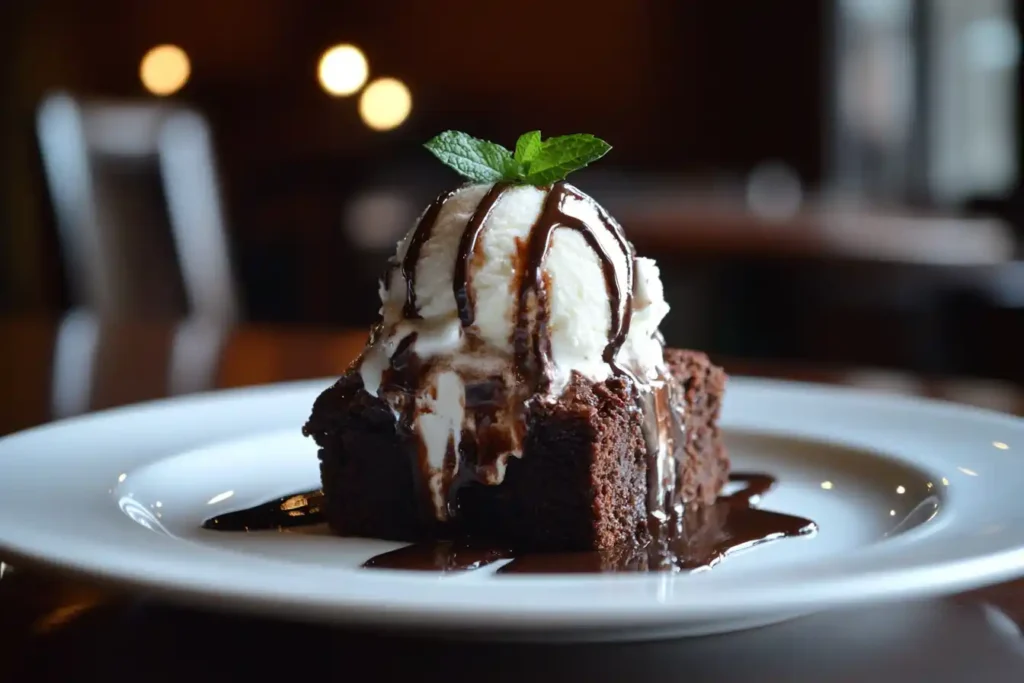 image of brownies served on a white plate with a scoop of vanilla ice cream on top, drizzled with chocolate sauce, and garnished with a mint leaf.