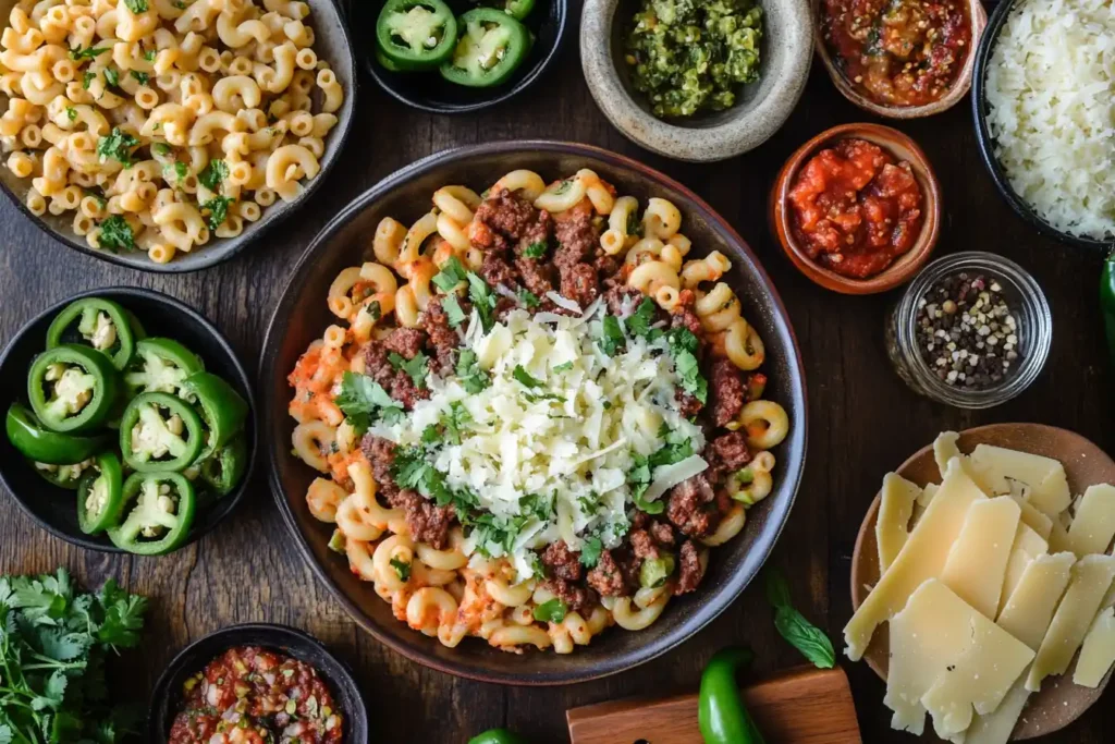 A mood board featuring plated Beefaroni dishes with creative toppings such as jalapeños, mixed cheeses, fresh herbs, and vibrant garnishes, arranged in an appetizing and visually diverse display