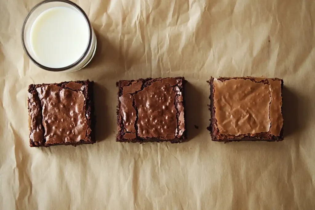 image showing three stages of Ghirardelli Brownie Mix: fresh out of the oven, neatly cut, and paired with a glass of milk or coffee.