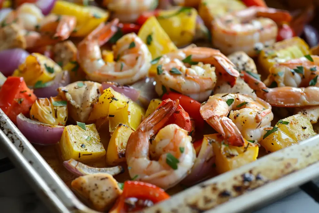 A one-pan bake featuring perfectly golden chicken, shrimp, and roasted vegetables straight from the oven.