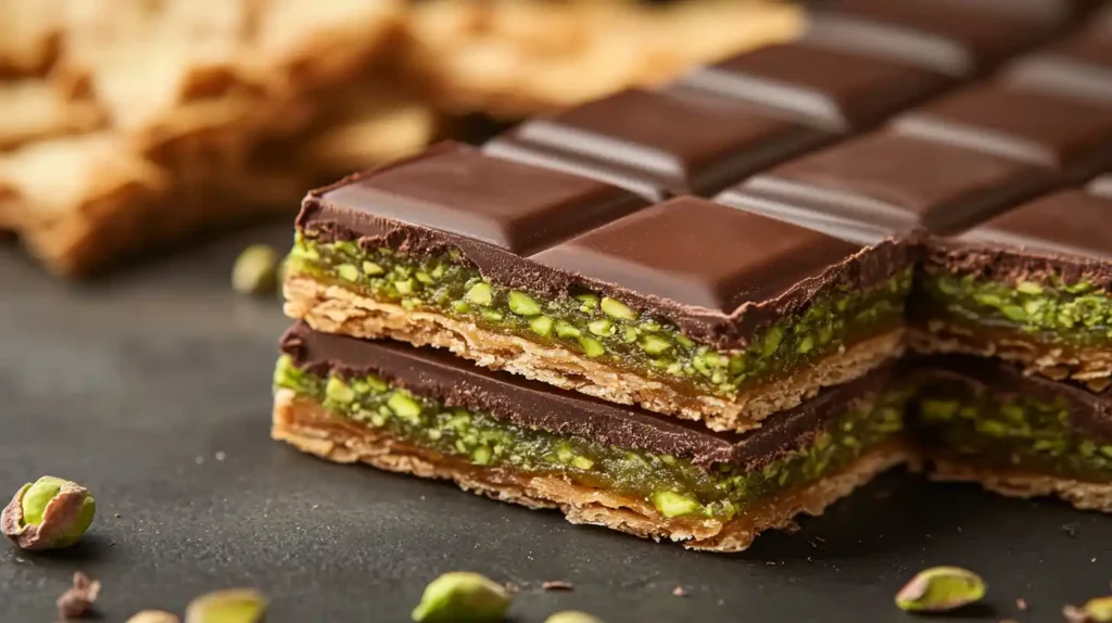 image of a sliced Dubai Chocolate Bar, showcasing its vibrant pistachio-green filling, rich chocolate coating, and flaky kataifi layers in the background.